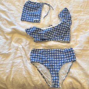 Ganni Ruffled One Shoulder Gingham Swim Set - 38/M